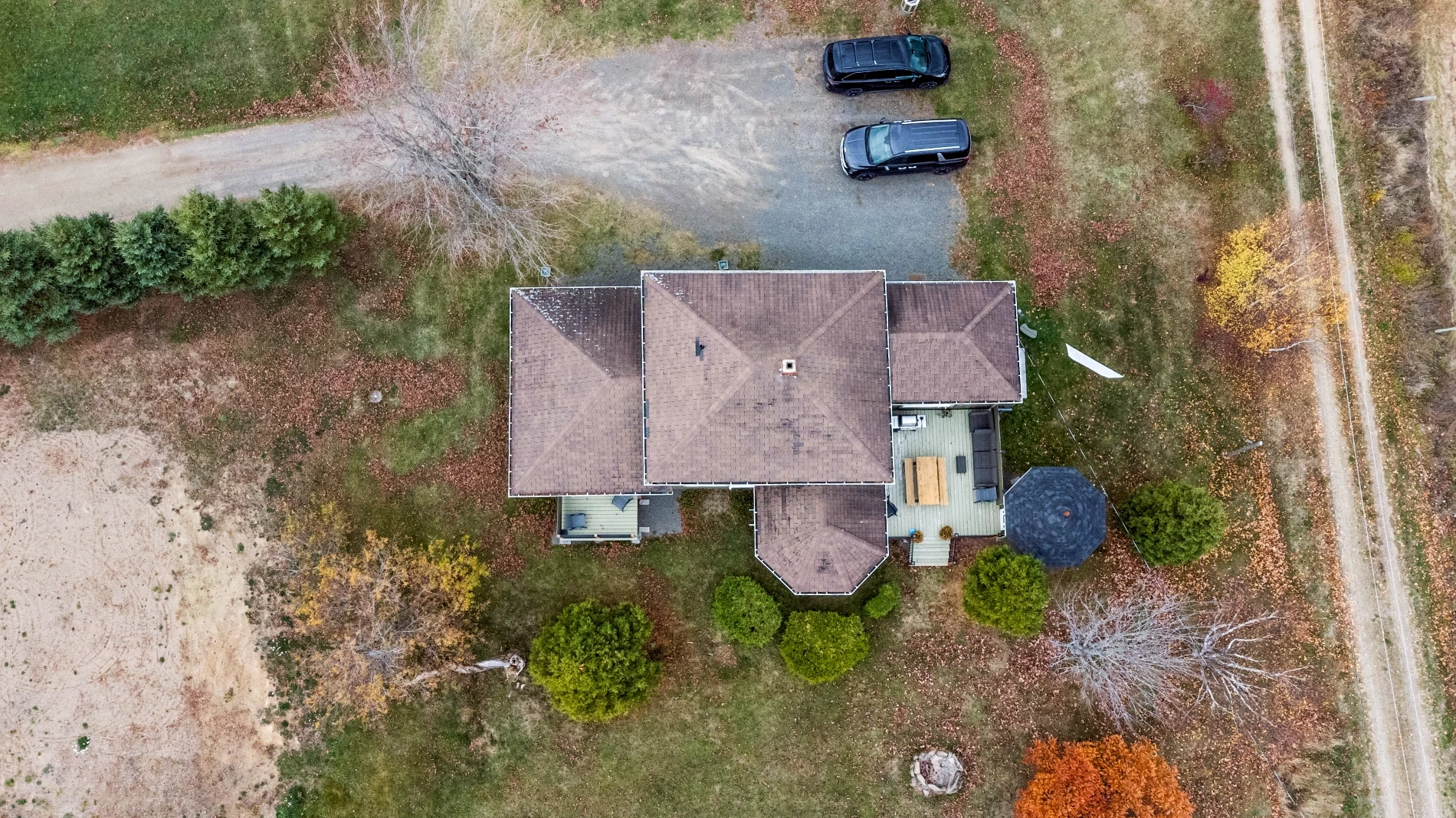 Aerial view of farmhouse property