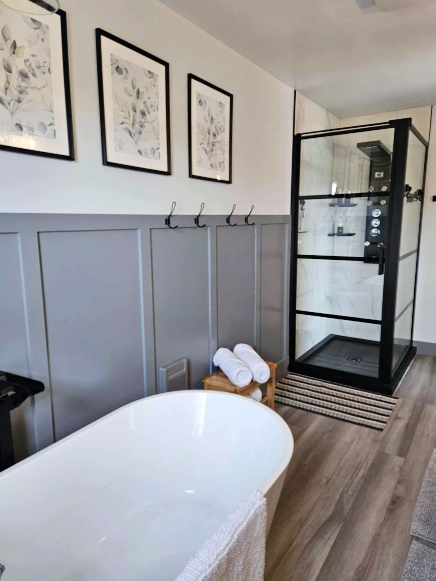 Farmhouse Bathroom with tub and shower